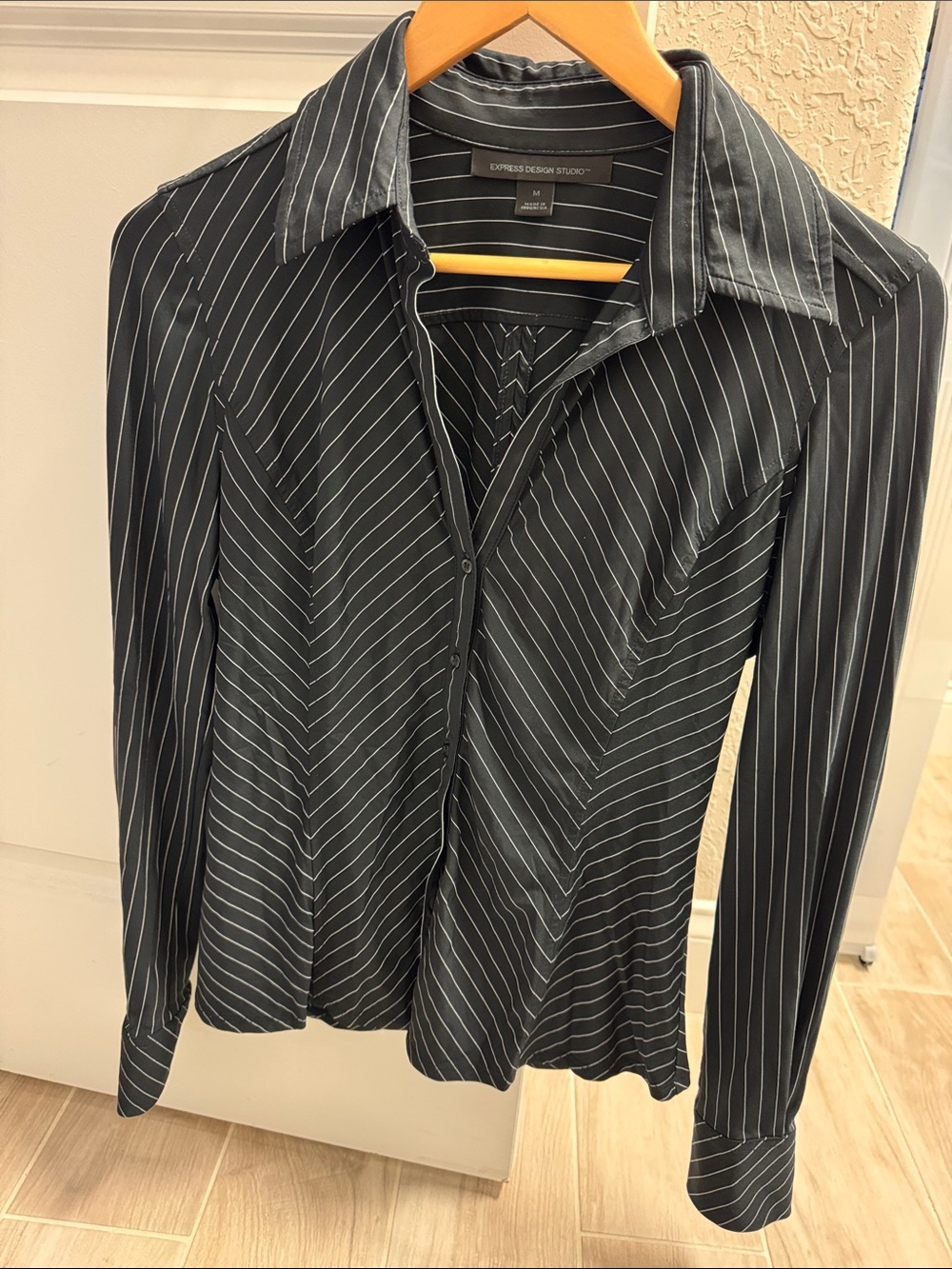 Express Black Shirt with White Pinstripes